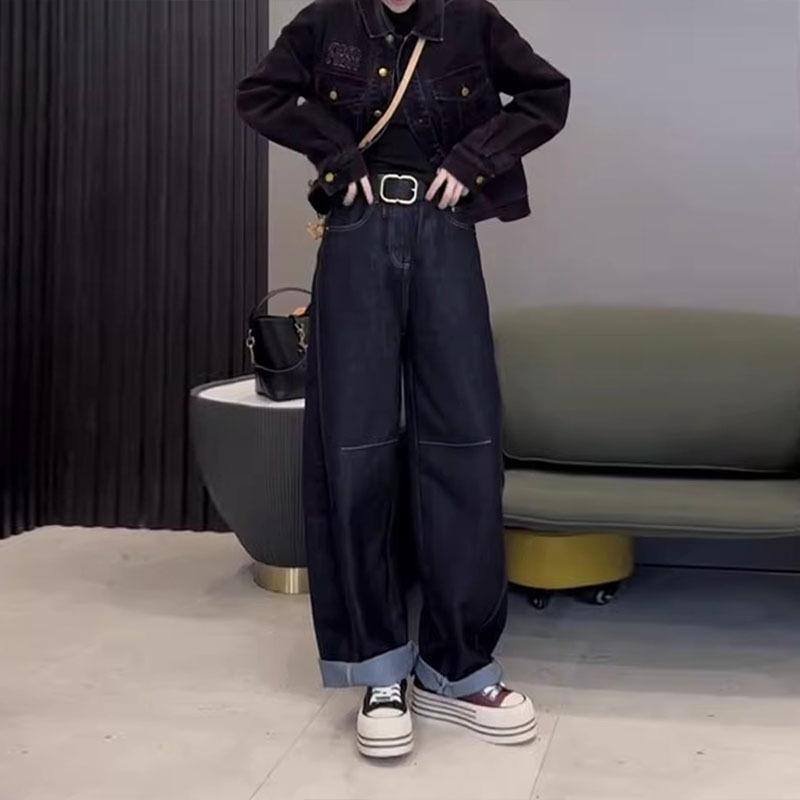 ワイドパンツ 女性用 秋 ヒョウ柄 デニム コットン ポリエステル 高腰 ハーレム ロング ワイドシルエット 中厚 伸縮性 垂れ感 免? ポケット ゆったり スリムライン 街頭スタイル 私服 御姐風 甘め 清新 普段使い 軽量 通勤 秋冬 切り替え ビッ
