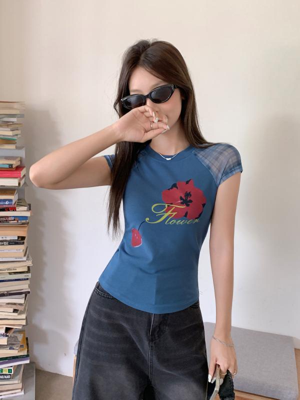 Tシャツ 女性用 短袖 花柄プリント 網? 切り替え 肩出し 修身 スリムフィット トップス かわいい 植物モチーフ 花卉柄 プルオーバー 丸首 ブルー 接触冷感 軽量 伸縮性 吸湿速乾 春夏 日韓カジュアル 純欲スタイル ビッグシルエット Vネック風