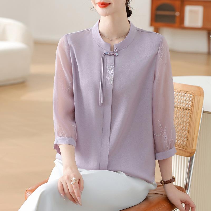 Tシャツ 女性用 中年向け 40代 50代 刺繍 雪? シャツ 上衣 立領 七分袖 プリンセススリーブ ワイドシルエット ボタン 紫 緑 ポリエステル 再生繊維 接触冷感 軽量 通気性 ゆったり 夏 春夏 気質 エレガント 中国風 トップス ブラウス ゆ
