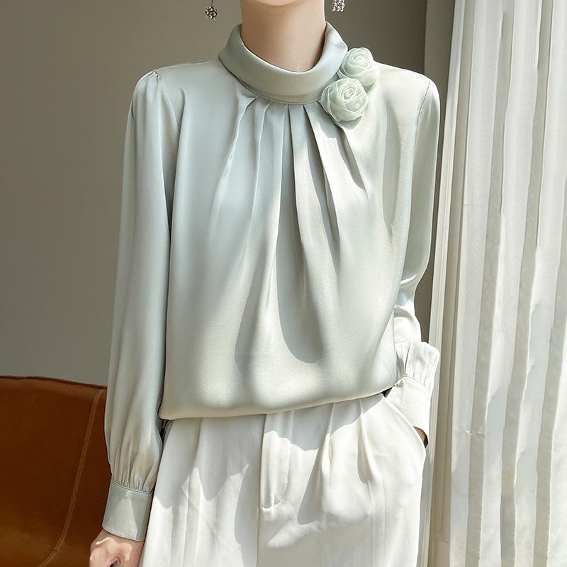 シャツ 女性用 春夏 立領 花柄 純色 セットイン 長袖 シフォン ブラウス 香?色 ピンク グリーン ポリエステル 再生繊維 ワイドシルエット ルーズフィット 軽量 通勤 普段使い カジュアル 名媛風 かわいい 花柄デザイン 伸縮性 吸湿速乾