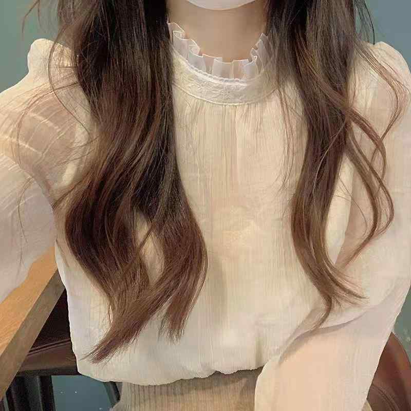 Tシャツ 女性用 春夏 長袖 立襟 レース レース インナー 雪紡 シフォン ブラウス トップス シャツ 直筒 ゆったり シルエット 純色 杏色 ライトピーチ スパニエックス ストレッチ 素材 快適 吸湿速乾 機能 セットイン 袖 デザイン 感 ユニーク