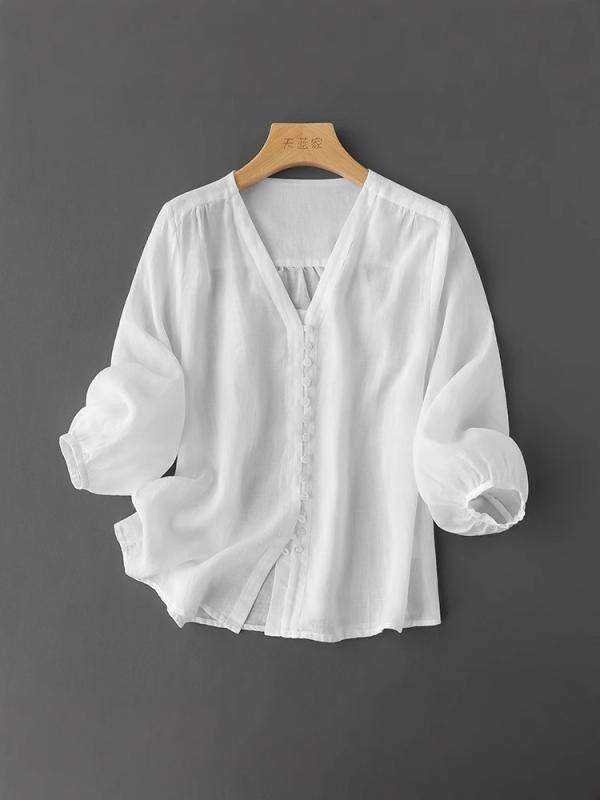 シャツ 女性用 春夏 Vネック 七分袖 ラミー ライセル 混紡 天然素材 接触冷感 吸湿速乾 軽量 ゆったりシルエット プレス加工 単色 パターン 黄色 白色 紫色 ブラック グレー 日系 カジュアル トップス 日常使い