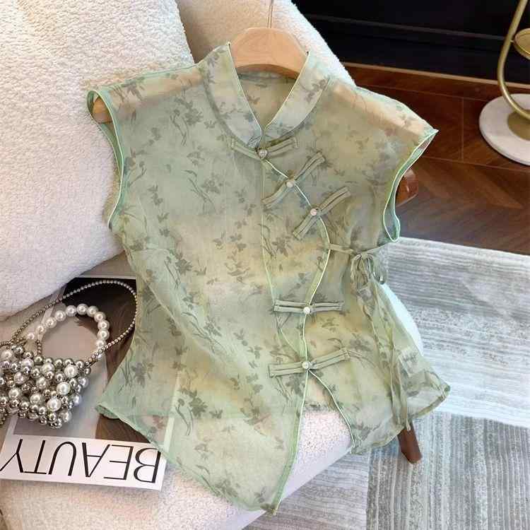 無袖 トップス 女性用 緑 花柄 刺繍 盤ボタン チャイナドレス領 網? 禅意 国風 立領 開衫 直筒 泡泡袖 文?復古 中国風 ポリエステル 花?柄 春季 軽量 通勤 普段使い 吸湿速乾 かわいい ショート丈