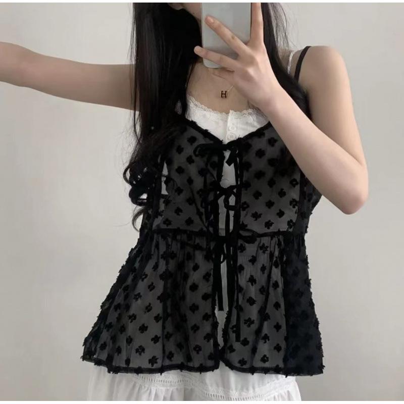 サマートップス 女性用 吊り帯 切り替え レース フレア Aライン ショート丈 花柄 無地 細ストラップ 肩紐 綿ポリエステル 無伸縮 白 黒 通勤 かわいい 爽やか レイヤード レイヤリング 軽量 通年