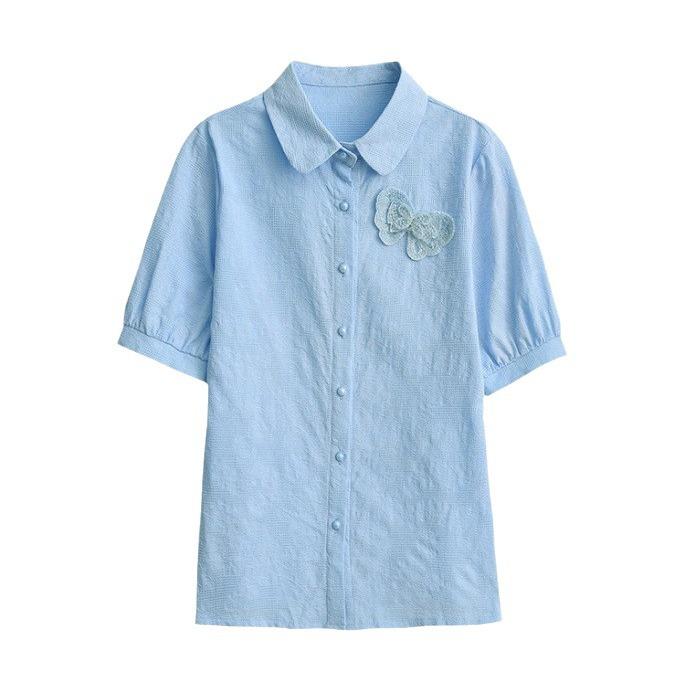 シャツ レディース 綿 短袖 刺繍 切り替え 通勤用 気質 ポロカラー 単排ボタン 純色 薄手 春夏 白色 ライトブルー ワインレッド ピーチカラー 吸湿速乾 軽量 伸縮性 ビッグシルエット ハイウエスト トップス 上衣