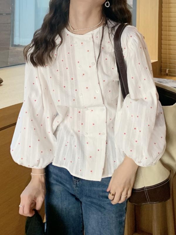 シャツ 女性用 夏 通勤 通勤風 気質 白色 短袖 ダブルブレスト スリム コットン ポリエステル 混紡 切り替え ポロカラー 普通丈 クラシック フレンチスタイル 復古 小花柄 暗紋 生地 軽量 通気性 吸湿速乾 シンプル スタイリッシュ トップス