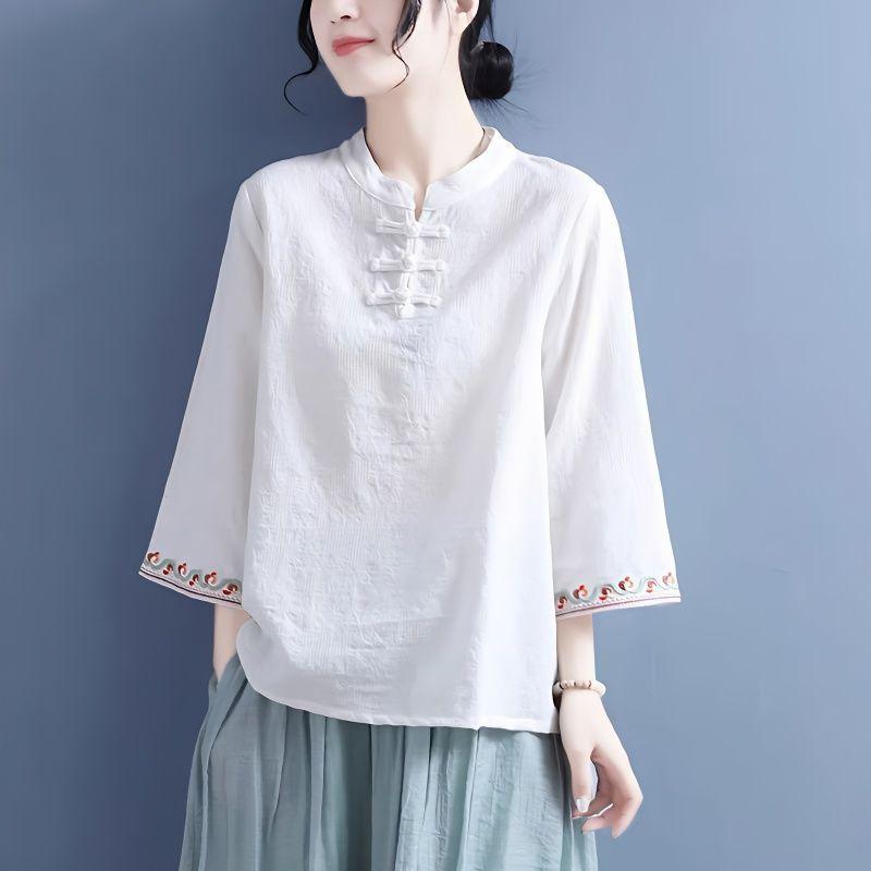 春夏 女性用 刺繍 シャツ 立領 長袖 トップス ポリエステル 化繊 免? 処理 盤扣 チャイナ風 復古 デザイン 白色 肉色 ピンク ブルー パープル 色 選択 日常 使い 日韓 スタイル シンプル 快適 ゆったり フィット 百搭 アイテム 短丈 普通