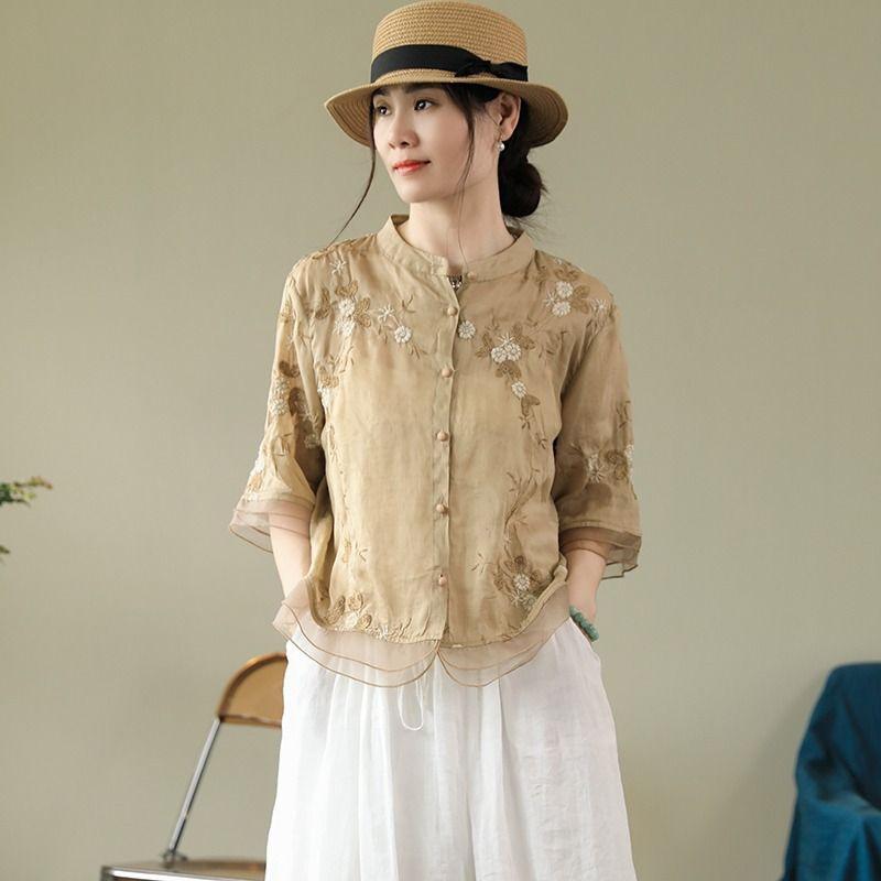 シャツ レディース 綿麻素材 七分袖 刺繍 切り替え 開衫 立領 ボタン ゆったりシルエット 民族風 クラシカル 復古スタイル 気質 夏 春夏 普段使い 通勤用 軽量 吸湿速乾 カーキ 杏色 紫 橙色