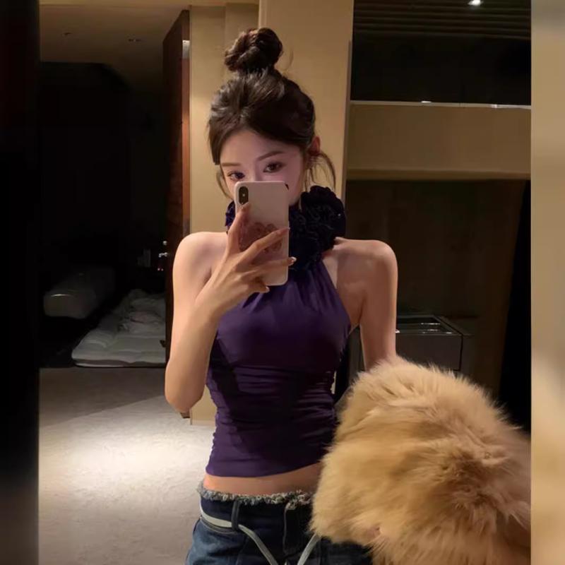 トップス 女性用 セクシー ハイネック レース ハングネック ノースリーブ 肩出し 修身 スリム ショート丈 紫色 ポリエステル 接触冷感 中弾性 私服 かわいい 軽量 吸湿速乾 通勤 普段使い 春夏