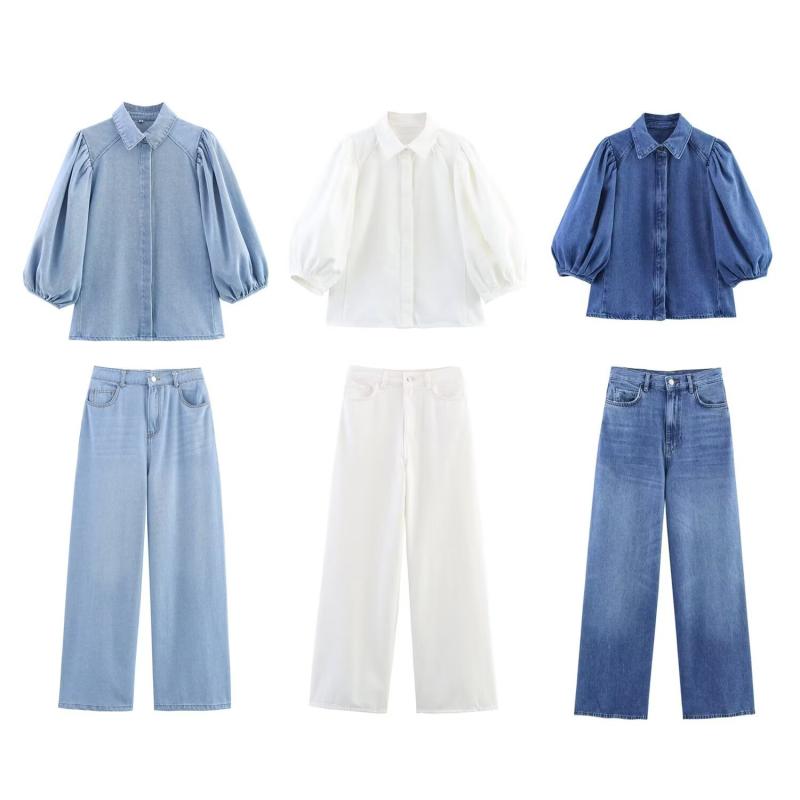 レディース 牛仔 セットアップ シャツ トップス 長袖 ハイウエスト ワイドパンツ 夏 快適 伸縮性 吸湿速乾 ポリエステル ポリエステル混 軽量 街頭スタイル 欧米風 カジュアル 日常使い 切り替えデザイン 不規則 ヘム 水洗加工 白色 ライトブルー