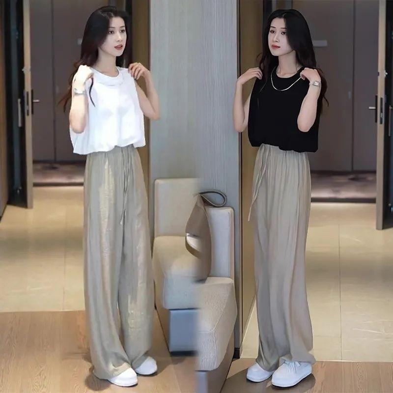 レディース セットアップ 無袖 Tシャツ トップス ハイウエスト ワイドパンツ 綿素材 コットン 純色 チェーン アクセサリー 長ズボン 通勤 通勤用 気質 スタイル 都市 シティ スタイル 女性用 夏 春夏 軽量 伸縮性 吸湿速乾 ブラック ホワイト