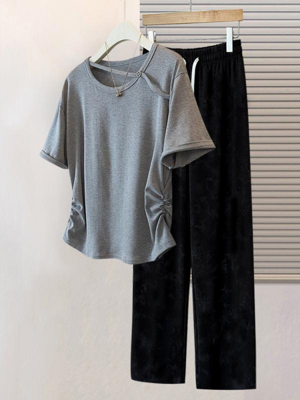 レディース 春夏 薄墨色 短袖 プルオーバー 広々としたズボン下 仕掛ける 当たること冷感 生まれ変わり衣料繊維 マイクロ衣料繊維 ご機嫌酉の方角 ゆったり影ぼうし マイクロファイバーパンツ 軽さ 吸湿速乾 伸縮性 普段使い走り 御部屋着 デイリー 表現スタイル ゆったり ひな型 ファッショ