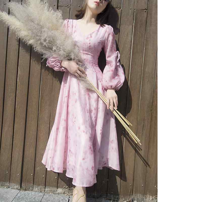 ワンピース 女性用 春夏 Vネック 長袖 Aライン フレンチスタイル 復古 気質 通勤風 切り替え ミディアムレングス 腰回り収まり スリム効果 灯籠袖 花柄 ピンク系 ポリエステル 軽量 伸縮性 セットアップ 単品 ミディアムウエスト ロングスカート |LiLishop6