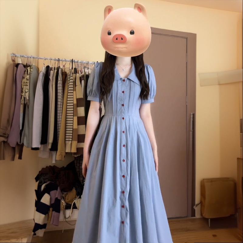 ワンピース 女性用 学生向け 甘め 清新 夏 ブルー 切り替え Aライン 収腰 スリム シャツカラー 短袖 中腰 系帯 街頭スタイル 純色 ポリエステル 吸湿速乾 軽量 通勤 普段使い