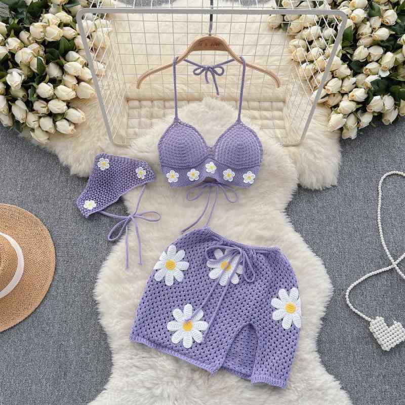 ビキニ セット レディース 夏 海辺リゾート ニット バイアジューストラップ フローラルプリント かわいい 甘め ピュア 3点セット 接触冷感 伸縮性 紫 イエロー ピンク スイムウェア スイムスーツ ビーチウェア プールサイド 軽量 速乾 ハイウエスト