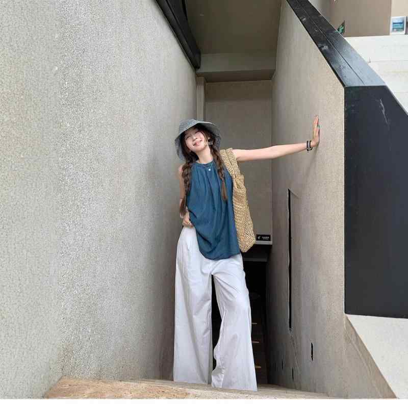 レディース ノースリーブ デニム トップス 接触冷感 綿混 ブルー ワイドパンツ ホワイト 春夏 ゆったり シルエット 吸湿速乾 軽量 セットアップ 日常使い カジュアル スタイル