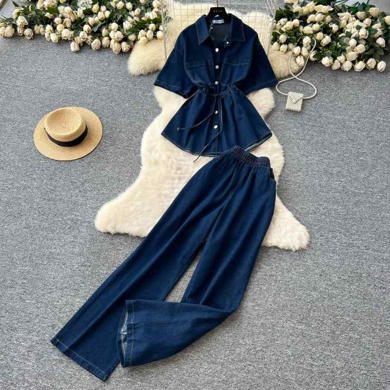 レディース デニム セットアップ 夏服 抽き出し紐 ポロ襟 シャツ トップス 伸縮 ウエスト ワイドレッグ テーパードパンツ 深藍色 ライトブルー ??素材 吸湿速乾 軽量 ゆったりシルエット 日韓カジュアル 気質エレガント 長丈 三分袖 ユニセックス