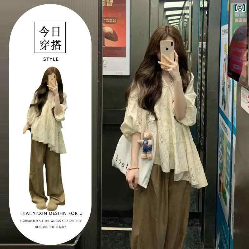 レディース セットアップ トップス シャツ ブラウス ロングスリーブ 透け感 ワイドパンツ ロング丈 ポケット デザイン ?? ポリエステル 混紡 軽量 ゆったり シルエット 気質 通勤 普段使い セット コーディネート 杏色 上衣 ベージュ系 トップス