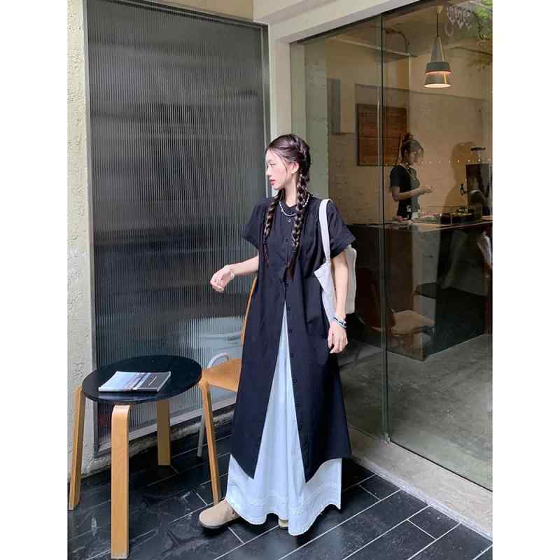 レディース セットアップ 春夏 ロングシャツ レース ワイドパンツ ブラック ホワイト 長袖 ポリエステル 切り替え ボタン 気質 通勤 都市 カジュアル スタイル 軽量 伸縮性 吸湿速乾 トレンド ファッション
