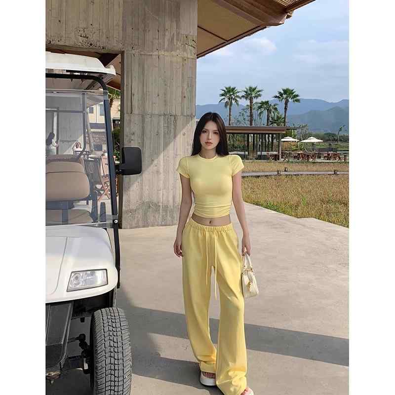 レディース セットアップ トップス 短袖Tシャツ ゆったり ストレートパンツ ワイドパンツ トラックパンツ 夏 春夏 黄色 ポリエステル 吸湿速乾 軽量 伸縮性 通勤用 普段使い 部屋着 カジュアル ビッグシルエット 接触冷感 再生繊維