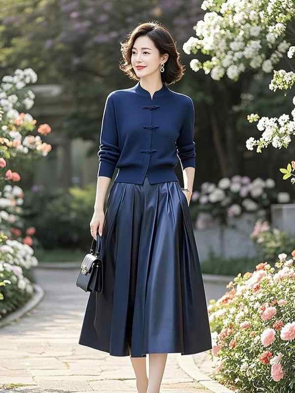 中年女性用 ニットトップス ミッド丈スカート セット 中国風 刺繍デザイン ポリエステル混紡 長袖 ポケット付き ゆったりシルエット ブルー 春秋向け 快適レディース セットアップ 針織 スカートセット 復古スタイル ゆったりフィット 日常使い