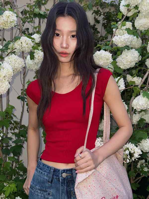 T シャツ 女性用 韓国風 Uネック 小袖 修身 トップス 短袖 短丈 粘膠繊維 セットネック 夏 黒 赤 白 橙 グレー 均? 均一サイズ 日韓スタイル 快適 休? 東南アジア向け