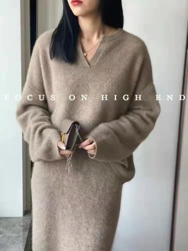 秋冬 レディース ニットセーター ミディスカート セット 羊毛素材 気質 通勤 普段使い 長袖 純色 シルク加工 キャメル グレー 軽量 高級感 切り替えデザイン 伸縮性 吸湿速乾 ビッグシルエット Vネック カジュアルスタイル 部屋着 秋冬 ウィンター|LiLishop6