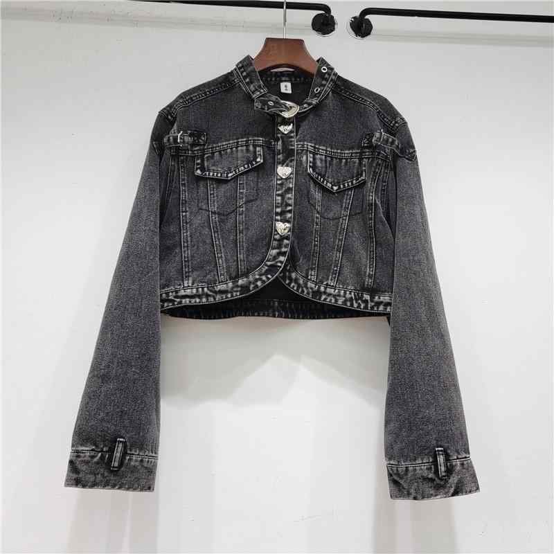 ジャケット 女性用 秋 デニム ショート丈 不規則 切り替え スタンドカラー ロングスリーブ ルーズフィット ヴィンテージ加工 シングルブレスト コットン ストレッチ ミッドウェイト ストリートスタイル ブルー ブラック カジュアル アウトドア 通勤 普