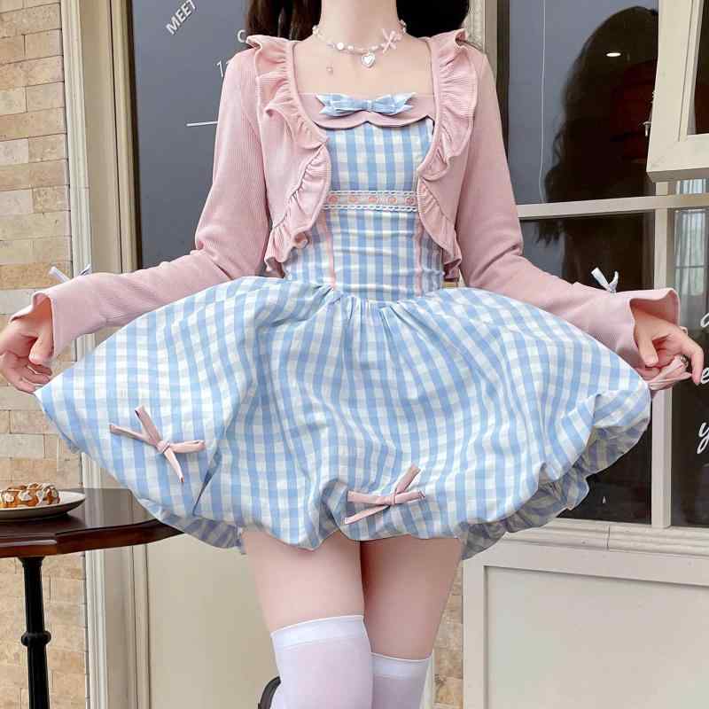 レディース ワンピース セット かわいい 少女風 ピンク 針織 カーディガン 花柄 チューブトップ ドレス 蝶結び リボン プリーツ 切り替え 綿混 ポリエステル 素材 軽量 伸縮性 キャミソール レイヤード 春夏 コーデ トップス スカート 組み合わせ