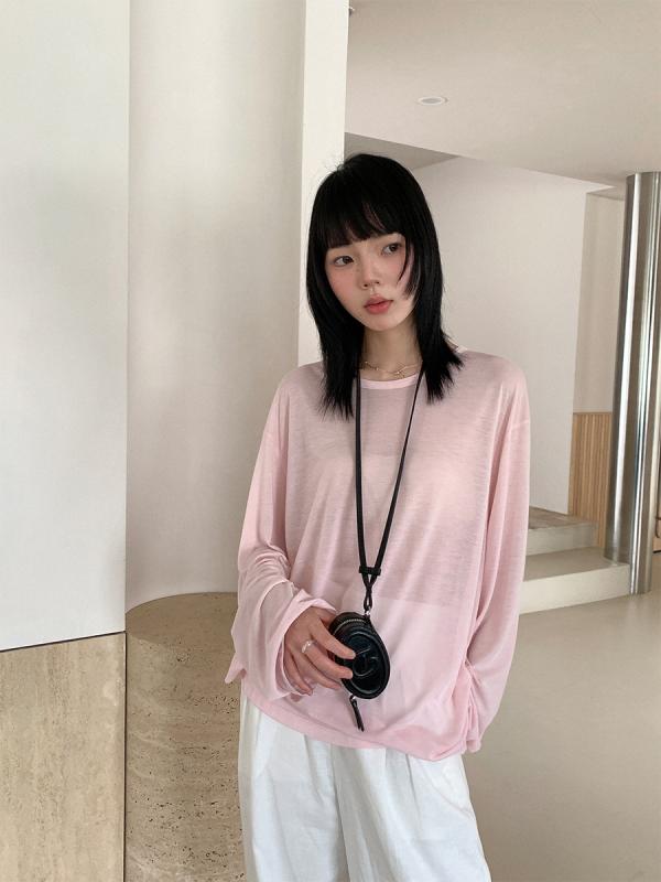 Tシャツ 女性用 長袖 夏 薄手 透視 トップス ピンク イエロー グリーン ブルー ブラック ホワイト ネイビー ダークグレー オレンジ 綿 ポリエステル 混合素材 ゆったりシルエット 丸首 セットインスリーブ 韓国風 日常カジュアル 吸湿速乾 軽量