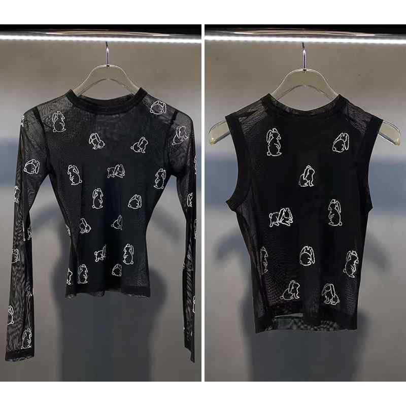Tシャツ レディース 春夏 透け感 網? コットン 長袖 丸首 ヒョウ柄 スパンコール 修身 軽量 インナー トップス ブラック 街頭 ダーク かわいい 吸湿速乾 通勤 普段使い アウトドア ストレッチ Vネック ビッグシルエット