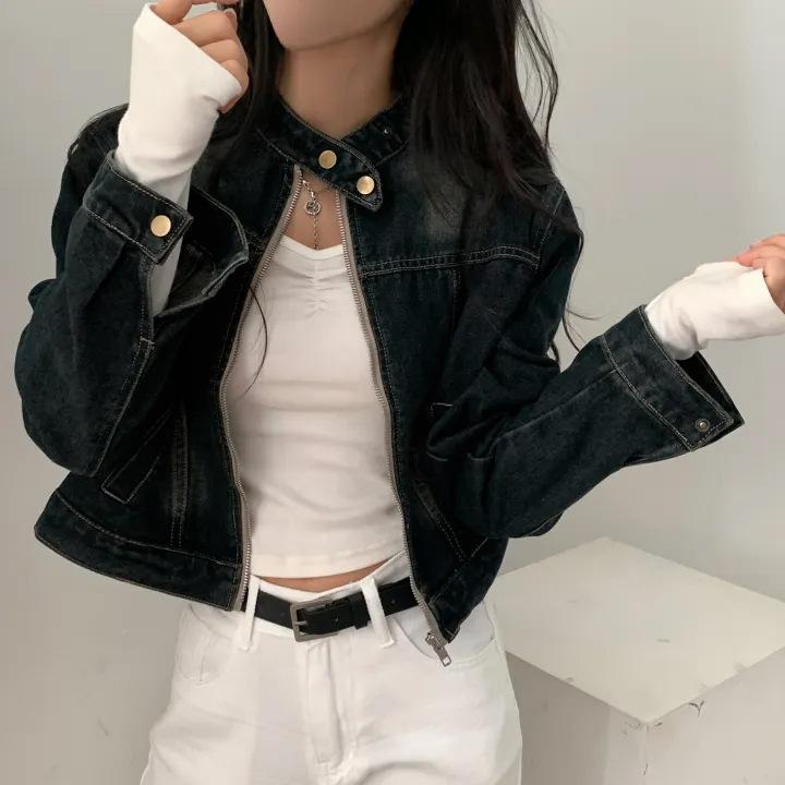 レディース 秋冬 韓国風 チック 復古 個性 スタンドカラー ステッチ デザイン ゆったり ワイドシルエット ベーシック 百搭 ジップ 長袖 デニム ショート ジャケット コート ブラック ブルー ゆったり フィット 軽量 通勤 普段使い アウトドア コ