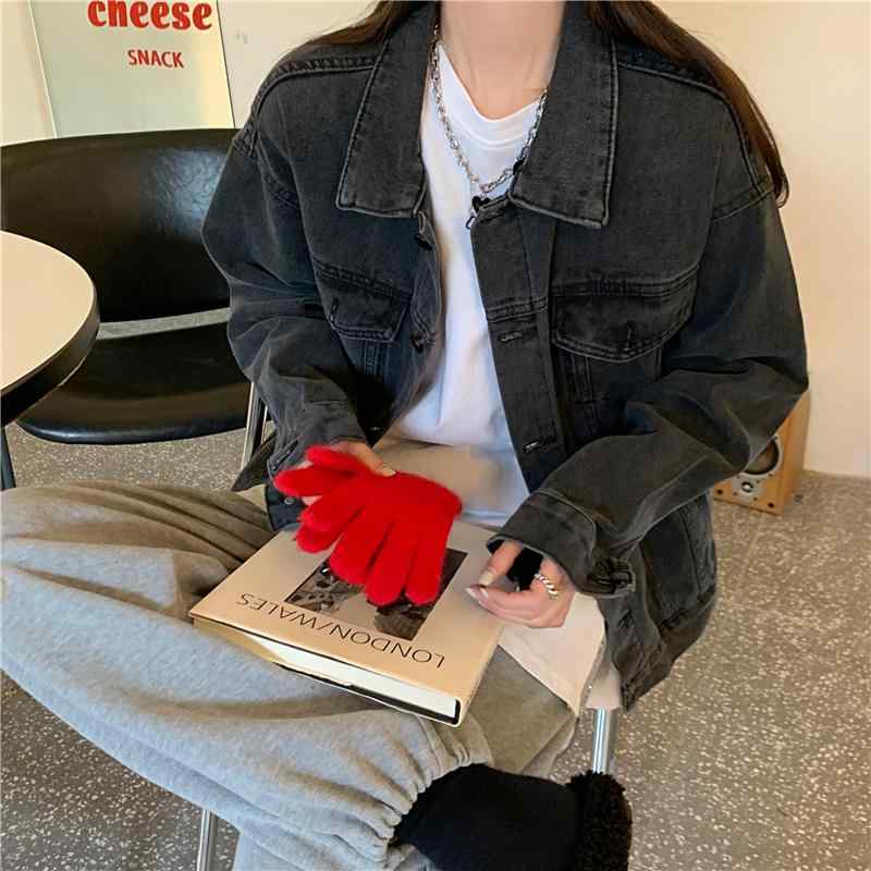 ジャケット 女性用 春夏 秋冬 デニム ショート丈 復古 香港風 シック ビッグサイズ 工装 ルーズ ボーイフレンドスタイル トップス 長袖 ブラック 接触冷感 伸縮性 吸湿速乾 軽量 中厚 ワイドフィット ポロカラー シングルボタン プリンセススリーブ