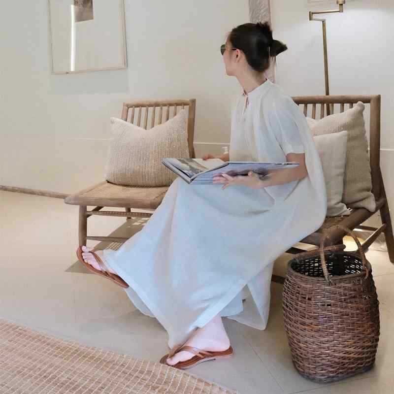 ワンピース レディース ロング丈 フレアシルエット プリーツ 100%麻 素材 丸首 短袖 夏用 アイボリー フレンチグリーン 復古スタイル ゆったりフィット 通勤 普段使い 吸湿性 通気性 軽量 ビッグシルエット トップス スカート 組み合わせ ワイド