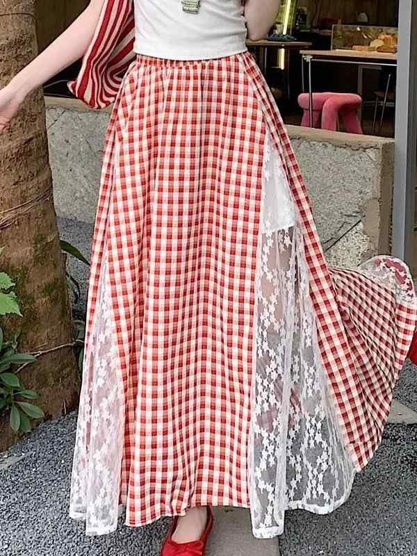 レディース 半身スカート 韓国風 かわいい レース 切り替え チェック柄 Aライン 中長丈 春夏 気質 通勤 通勤風 気質 優雅 マイクロストレッチ ポリエステル 3D 立体柄 ブルー 赤 インナー付き レース 付き 学院風 大きめ フレア ロングスカー
