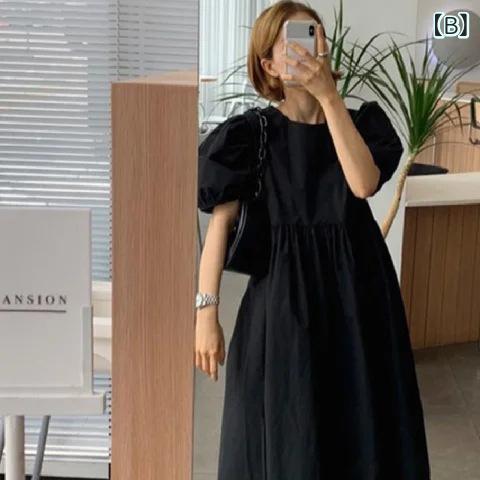 ワンピース 女性用 夏 春夏 韓国風 ゆったり スリム 半袖 ワンピース ワンピース ロングスカート スカート Aライン フレア ロングスカート スカート 波状襟 ラウンドネック 肩落とし ドロップショルダー 再生繊維 セルロース 軽量 涼しい 清新 か