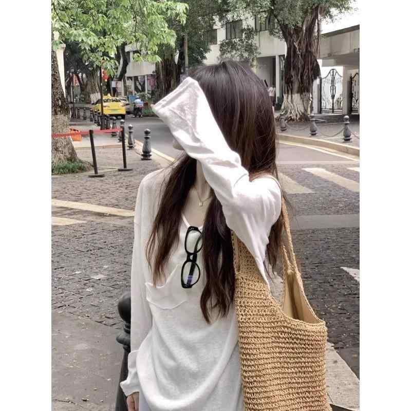 レディース 透け感 白色 長袖 Tシャツ 薄手 セクシー 純欲 スタイル ジャズ トップス ルーズフィット フィットネス ダンス ウェア ポロカラー プリンセススリーブ 修身 シルエット スエード調 再生繊維 スパンデックス 混 春季 私服 名媛 御姐