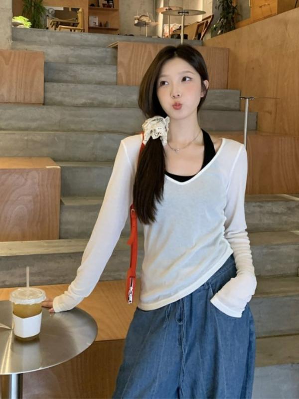 T シャツ トップス 女性用 夏 春夏 薄手 防紫外線 長袖 V ネック 透け感 切り替え インナー キャミソール セット 修身 気質 通勤 普段使い ポリエステル スパンデックス 吸湿速乾 伸縮性 軽量 白色 ピンク系 アイボリー ブラック ハイネック