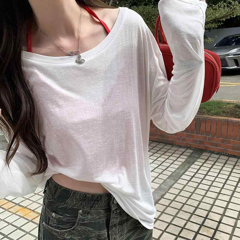 Tシャツ 女性用 春夏 長袖 薄手 防晒 接触冷感 粘膠繊維 透け感 ゆったり スリム インナー セットアップ 通勤 カジュアル 丸首 修身 普通丈 白色 ピンク ブラック イエロー グリーン