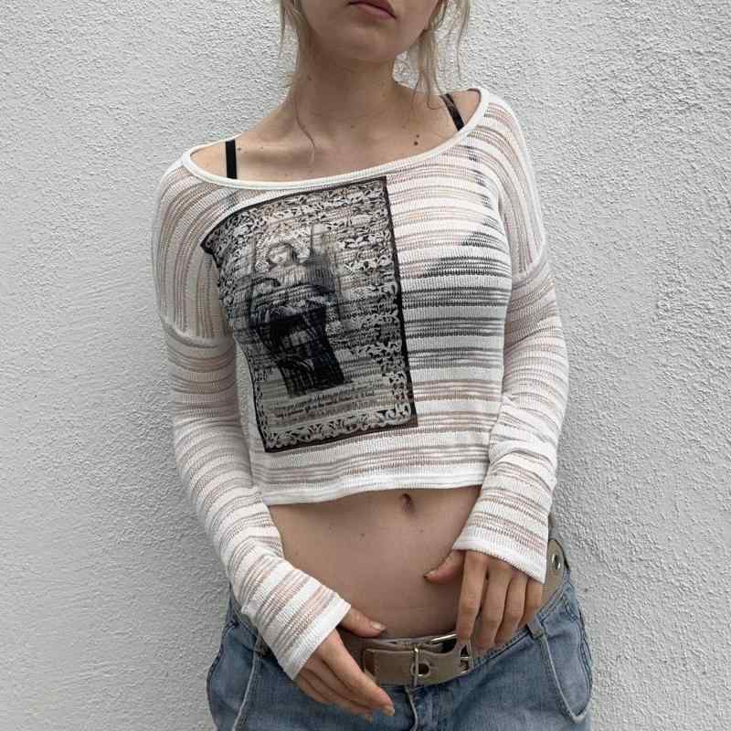 Tシャツ レディース 長袖 薄手 修身 露肩 トップス 切り替え 透け感 幾何柄 斜め首元 接触冷感 ポリエステル 白色 春 早春 街頭カジュアル 個性派 防晒 外出着 軽量 吸湿速乾 短丈 セットインスリーブ ビッグシルエット 4,472円