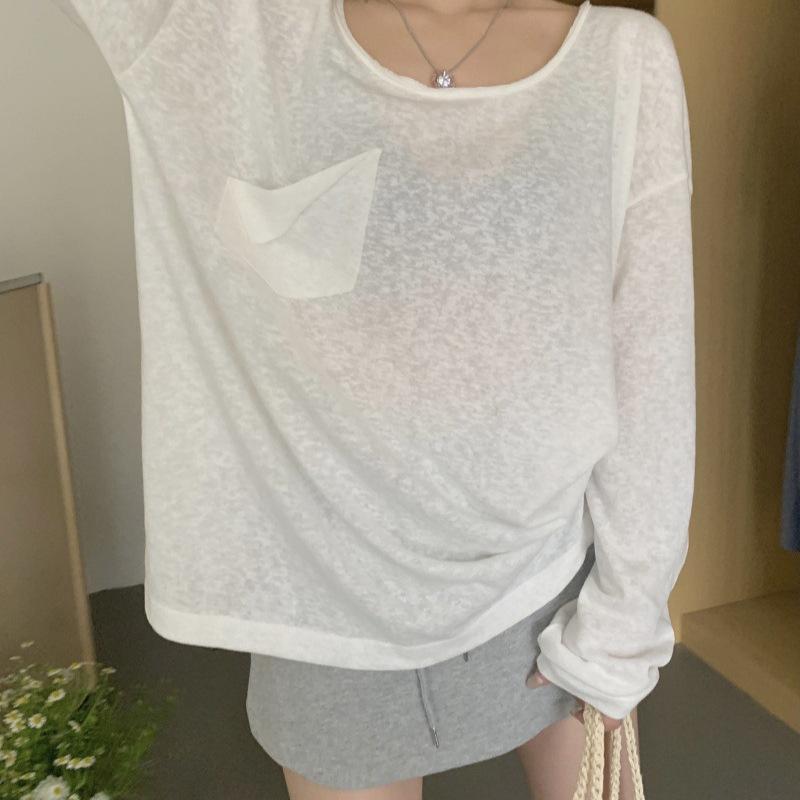 長袖Tシャツ 女性用 春夏 透け感 薄手 防紫外線 軽量 ゆったり リラックス感 トップス ワイドシルエット 丸首 ポケット付き 気質 通勤スタイル ポリエステル スパンデックス 速乾 しわ加工なし 中長丈 シンプル 純色 ホワイト