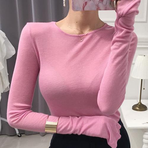 レディース 長袖 Tシャツ トップス 修身 セクシー インナー 秋季 薄手 弾力 微透 胸強調 純色 百搭 セットイン ポリエステル 紡績繊維 ポリエステル コットン ライクラ 混紡 ブラック ピンク 大赤 乳白 深藍 グレー 深ブラウン ワインレッド