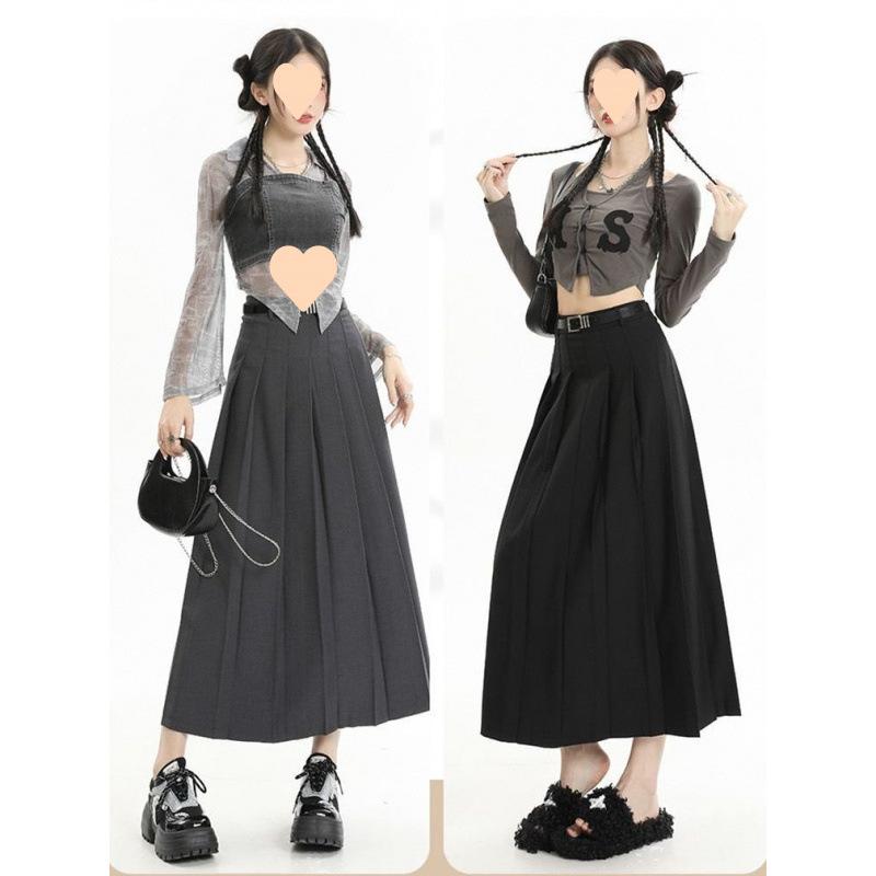 スカート 女性用 夏 通勤 ハイウエスト プリーツ ミディ丈 Aライン グレー ブラック 気質 デザイン 軽量 伸縮性 綿混 半身裙 百褶裙 傘裙 中長款 高腰裙 小・異??