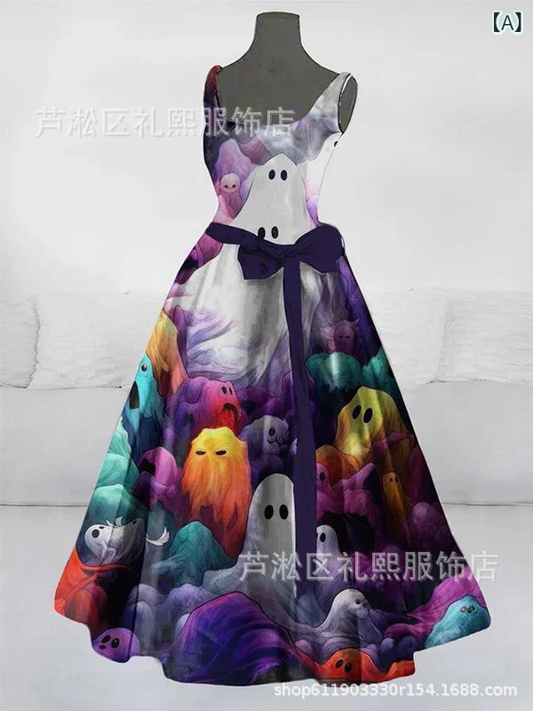 ワンピース レディース 長袖なし 秋冬 Aライン ハイウエスト 腰帯付き 悪魔プリント ポリエステル 個性派 街頭スタイル ユーモア風 フレアスカート ロング丈 単品セット 丸首