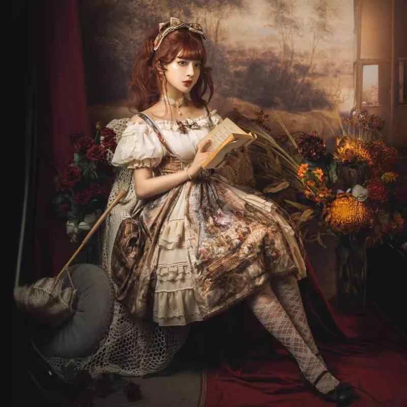 ロリータ ドレス 女性用 油画柄 Aライン 中長丈 ノースリーブ ハイウエスト 方領 背帯 甘め かわいい ?綿風 軽量 通年 ピュア プリント クラシック フェミニン フレア スカート トップス ワンピース