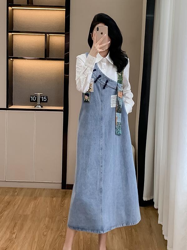 秋冬 ロング ワンピース デニム 背広 スカート 女性用 シンプル 百搭 カジュアル ゆったり スリム ライン ライトブルー 七分袖 シャツカラー プリンセススリーブ ミディアムレングス 通勤 スタイル 気品 エレガント コットン 混紡 軽量 伸縮性 普