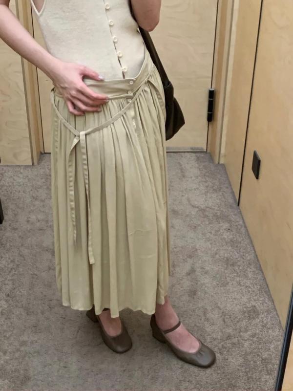 スカート 女性用 ミディ丈 プリーツ ハーフスカート ゆったり ドレープ しわ加工 涼しげ 系ベルト デザイン 軽量 ポリエステル 無弾性 純色 ライトカーキ 気質 エレガント シンプル 日常使い 通勤 通年|LiLishop6