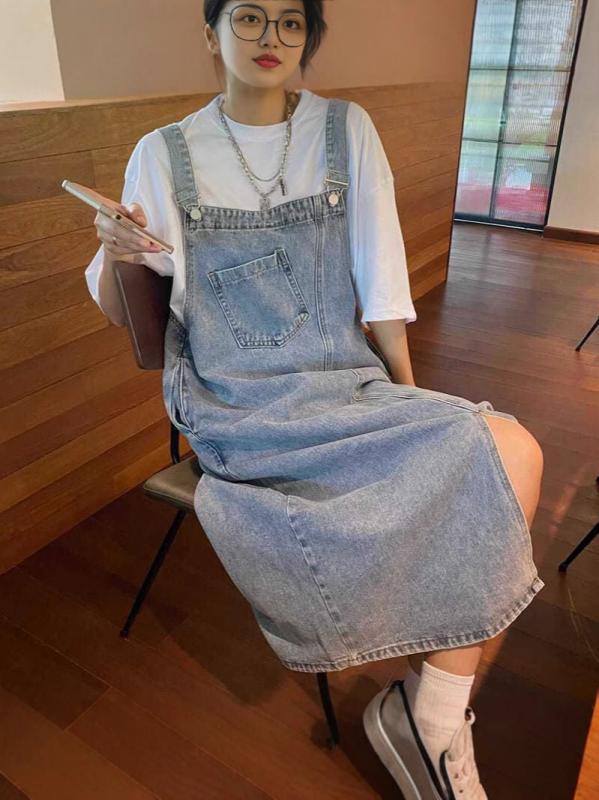 吊帯 スカート メンズ 女性用 デニム 吊帯 スカート 春夏 ワイドシルエット ロングドレス 純色 浅青 色 ポケット デザイン アシンメトリー 加工 無袖 ミドル ウエスト コットン ポリエステル 混紡 素材 軽量 伸縮性 吸湿速乾 快適 日常使い 外
