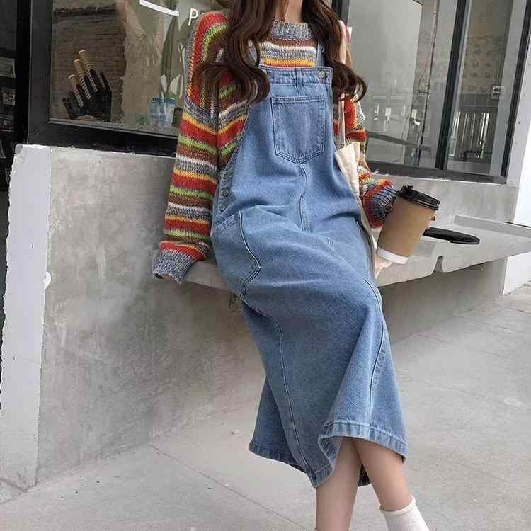 ワンピース 女の子用 春夏 吊り紐 デニム 綿 ロングスカート 無袖 セットインスリーブ ポケット 付き ゆったり 腰回り ブルー かわいい 甘め スタイル 普段使い 軽量 吸湿速乾 通気性 良い 爽やか コーデ アイテム
