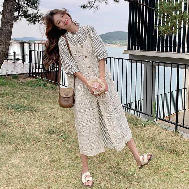 ワンピース レディース 夏 ストライプ柄 レイヤード トップス 付き 背? スカート セット ?? 素材 Aライン 中長丈 七分袖 3D 立体 ?案 免? 処理 ワイド ウエスト 日韓 カジュアル スタイル 基本 デザイン 単排 ボタン クロージャー 3
